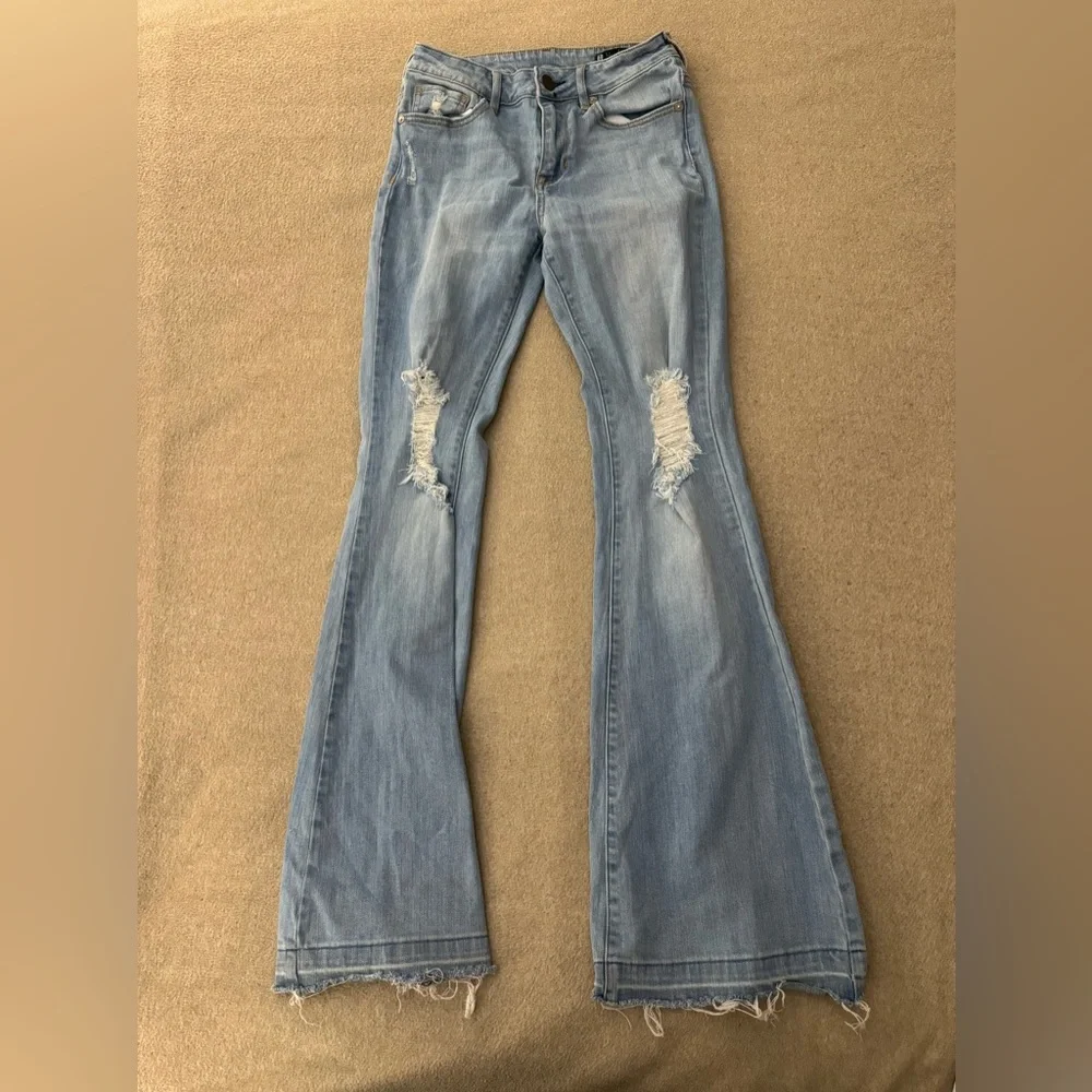 House Of Harlow 1960 High Distressed Denim Flare Jeans Rise Blue Light Wash 27 - Picture 1 of 10